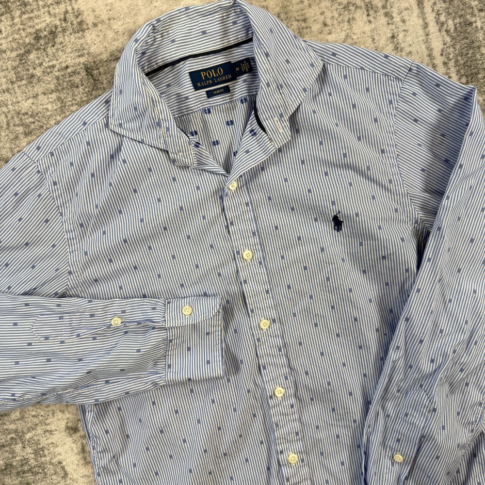Polo Ralph Lauren Shirt Mens Medium Blue Striped Micro Geometric Cotton Poplin
